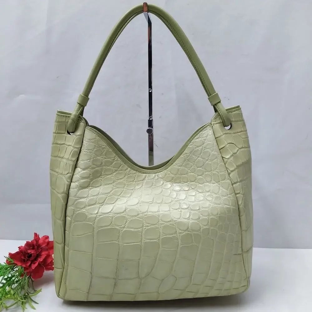 Mauro Governa Green Leather Crocodile Embossed Satchel Shoulder Bag